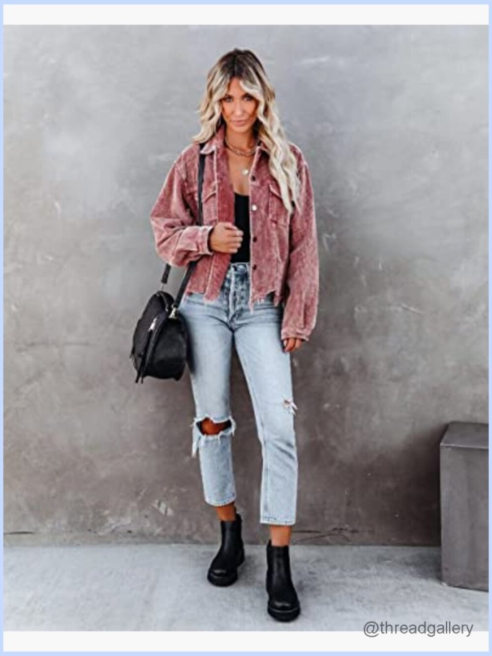 Cropped Corduroy Jacket Casual Button Down Shacket Frayed Hem - Picture 6 of 7